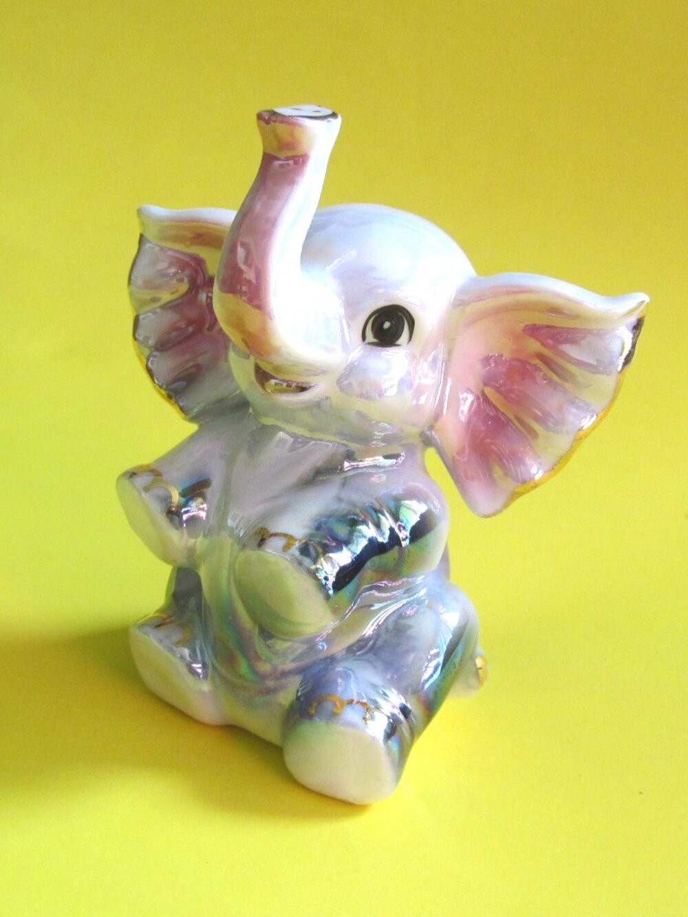 Ceramic iridescent elephant figurine Trunk Up for good luck